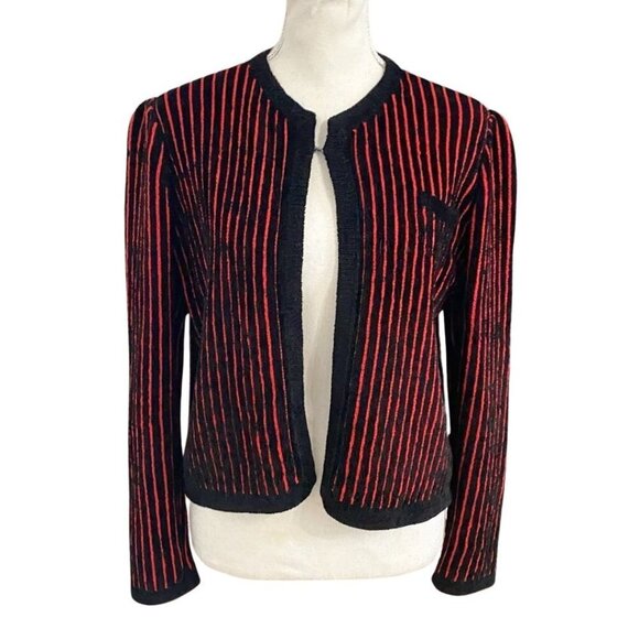 ST JOHN BY MARIE GRAY BLACK RED STRIPED CHENILLE KNIT CARDIGAN - Picture 1 of 9